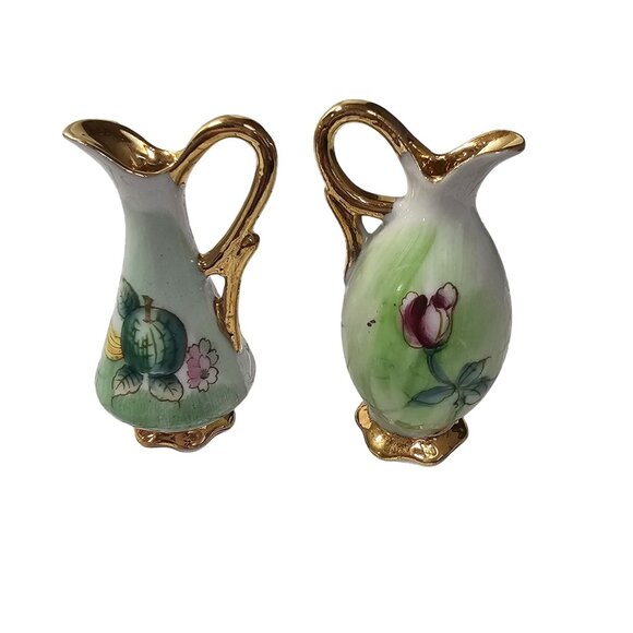 Antique Ucagco Ceramic Miniature Pitcher Vase Ewer Green Gold Tone Set of 2 - Picture 1 of 5